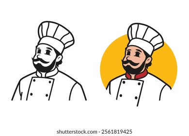 Master Chef, icon or logo for restaurants Cheerful chef in cook hat. Cooking, food concept. Cartoon vector illustration