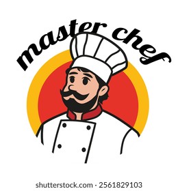 Master Chef, icon or logo for restaurants Cheerful chef in cook hat. Cooking, food concept. Cartoon vector illustration