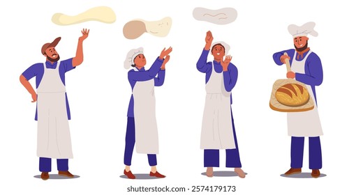 Master Chef Male and Female Characters Expertly Crafts Mouthwatering Pizzas with Fresh Ingredients. The Oven Warmth, And The Aroma Create A Culinary Masterpiece. People Vector hand drawn Illustration