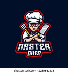 Master chef mascot logo template, The chef logo raised the knife in his hand