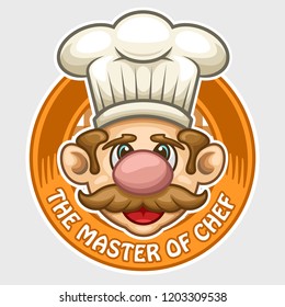 The Master of Chef with Mustache Cartoon Mascot Vector Logo, Emblem, Badge, Patch, Object Illustration