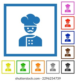 Master chef with mustache flat color icons in square frames on white background