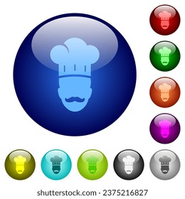 Master chef with mustache icons on round glass buttons in multiple colors. Arranged layer structure
