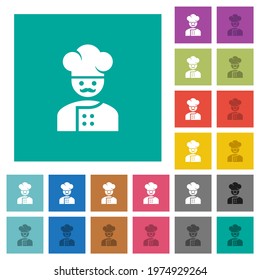 Master chef with mustache multi colored flat icons on plain square backgrounds. Included white and darker icon variations for hover or active effects.