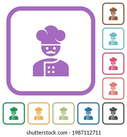 Master chef with mustache simple icons in color rounded square frames on white background