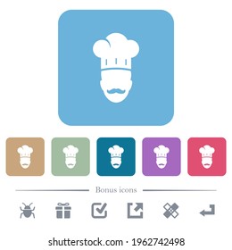 Master chef with mustache white flat icons on color rounded square backgrounds. 6 bonus icons included