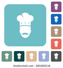 Master chef with mustache white flat icons on color rounded square backgrounds
