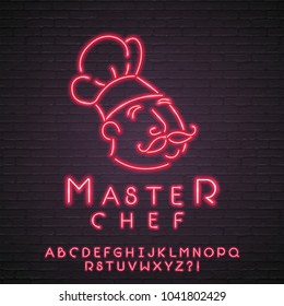 Master Chef Neon Light Glowing Illustration Silhouette with Alphabet Red Light