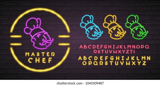 Master Chef Neon Light Glowing Vector Illustration. Chef Different Colour Set and Alphabet Neon Set  