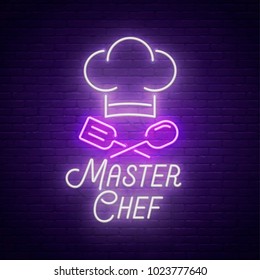 Master Chef Neon Sign, Bright Signboard, Light Banner. Cook Logo, Emblem And Label. Vector Illustration