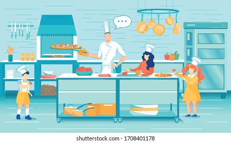 Master Chef in Uniform with Little Cookers in White Hat Making Pizza in Modern Restaurant Kitchen. Man Speaking to Kids, Giving Instructions, Teaching Boy and Girls. Vector Illustration