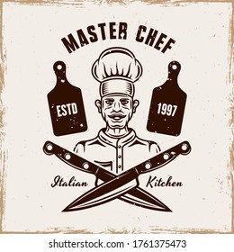 Master chef vector cooking emblem, badge, label or logo. Illustration in vintage style with removable grunge textures