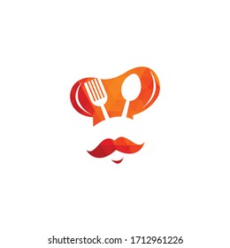 Master chef vector logo design. Head chef with mustache and beard vector logo. chef head with spoon and fork	