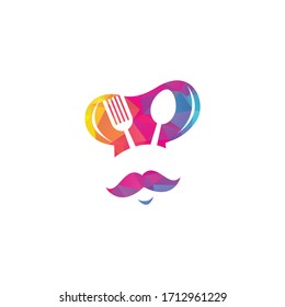 Master chef vector logo design. Head chef with mustache and beard vector logo. chef head with spoon and fork	