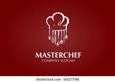 Master Chef Vector Logo Template. Use this logo for a chef, restaurant, catering or any food related services. Vector logo illustration. Clean and modern style on red background.