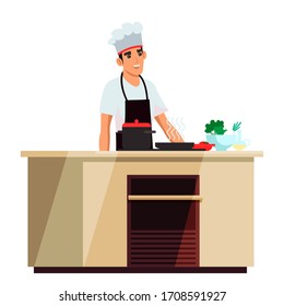 Master chef wearing uniform preparing food standing at table. Culinary courses, training class. Cooking television show program presentation. Human person with equipment isolated on white background