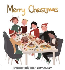 
Master class on cooking Christmas gingerbread. A group of children are sitting at the table and making gingerbread: they roll and make dough, paint, mold. Isolated, Cartoon vector illustration.