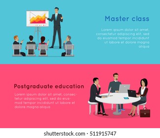 Master class and postgraduate education banners. Professional growth in successful team work. Business education infographic. Presentation data and information, chart for study. Vector illustration