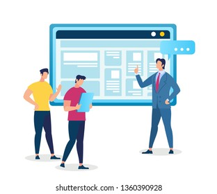 Master Class in Professional Growth. Personal Development in Career and Business Training, Coach Man and Two Male Students Stand at Huge Monitor with Information. Cartoon Flat Vector Illustration.