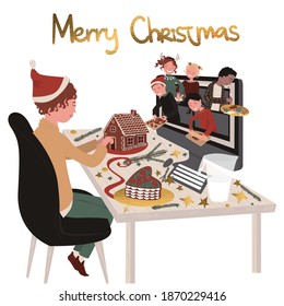 Master class through a video call on the preparation of Christmas gingerbread. A group of children is sitting at a computer and sculpts gingerbread: rolls and sculpts dough, paint. Vector illustration