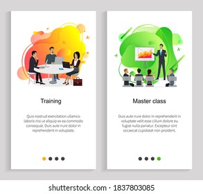 Master class vector, trainings at conference with infographics. Meetings of business partners colleagues at work. Website or slider app, business presentation of new project and its profitability