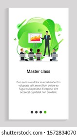 Master class, workers sitting and discussing presenter standing near board with chart report knowledge course, employees training, group vector. Website or app slider template, landing page flat style