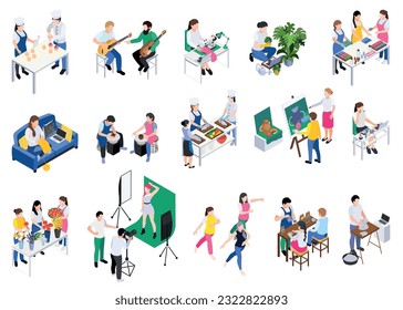 Master class workshop group learning practice isometric set of isolated icons with human characters of artists vector illustration