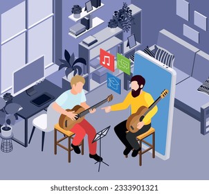 Master class workshop group learning practice isometric composition with indoor scenery and two men playing guitar vector illustration