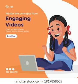 Master the concepts from engaging videos banner design. School girl is playing games on a laptop. Vector graphic illustration.