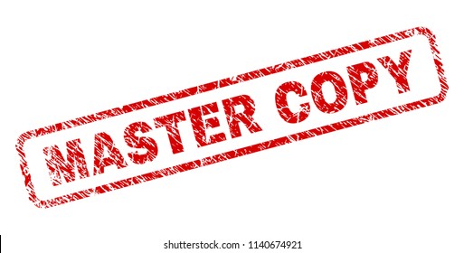 MASTER COPY stamp seal print with scratced style. Red vector rubber print of MASTER COPY text with corroded texture. Text caption is placed inside rounded rectangle frame.