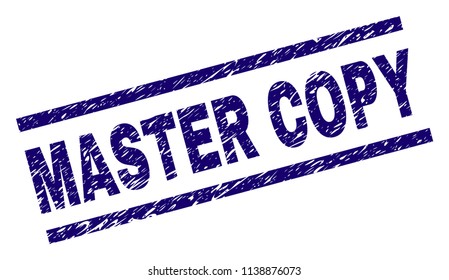 MASTER COPY stamp seal watermark with grunge style. Blue vector rubber print of MASTER COPY text with retro texture. Text title is placed between parallel lines.