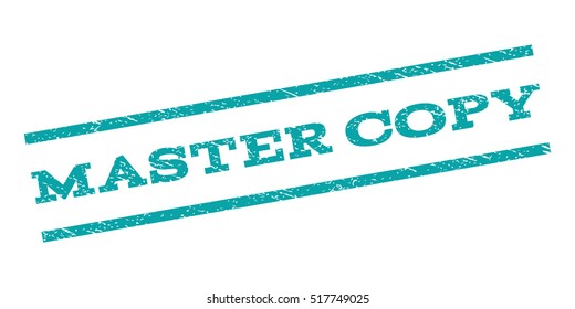Master Copy watermark stamp. Text tag between parallel lines with grunge design style. Rubber seal stamp with unclean texture. Vector cyan color ink imprint on a white background.
