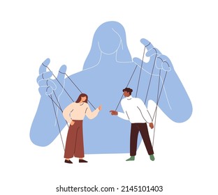 Master creates conflict tension between marionettes attached to strings. Manipulation concept. Manipulating, controlling behavior, pitting people. Flat vector illustration isolated on white background