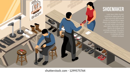 Master during customer communication at shoe work shop isometric horizontal vector illustration