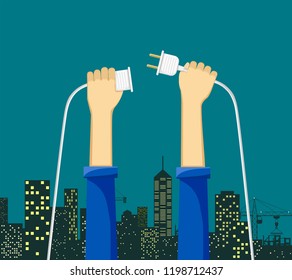 Master electrician holding an electric cable with electrical outlet. Stock vector illustration.