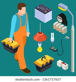 Master electrician and tools isometric vector set