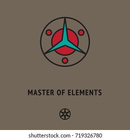 Master of elements in esoteric symbol. Philosophical logo +different icon. Yoga card, tantra cover. Transcendental illustration, abstract wallpaper, symbolic poster.