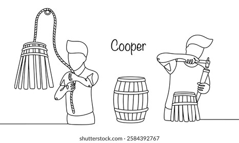 A master engaged in the manufacture and repair of wooden barrels, tubs, jugs and other containers. Illustrated different stages of making a wooden barrel by a cooper. Isolated vector.