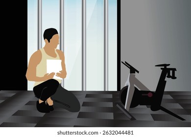 Master Fitness Trainer Certificación concepto de comprobación, interior del gimnasio en el hogar, fondo de diseño de Ilustración vectorial