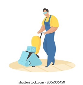 Master with floor polisher. Removing old layers paint and wood. Male character in uniform carefully driving tool over old parquet floor. Carpentry myself and repairs. Vector flat illustration