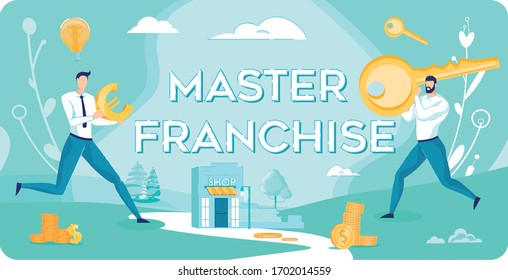 Master Franchise Inscription and Businessmen Cartoon Characters with Gold Key and Currency Symbols. Services for Building and Supporting Licensed Corporate Business. Flat Vector Illustration.