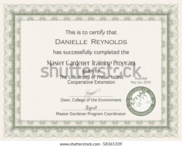 Master Gardener Certificate Template Stock Vektorgrafik