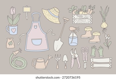 Master Gardening Hand Drawn Set. Farmhouse Tools, Flowers, And Harvest. Isolated Muted Pastel Doodle. Vector illustration. Not AI 