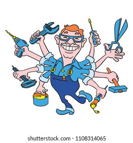 Master, handyman with tools. Vector illustration isolated on white.