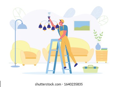 Master Household Works Hangs Chandelier at Home. Worker in Overalls Re-establishes Connection Wiring to Lighting Guest Room. He Happily Performs Freedom Work in Cozy and Comfortable Living Room.