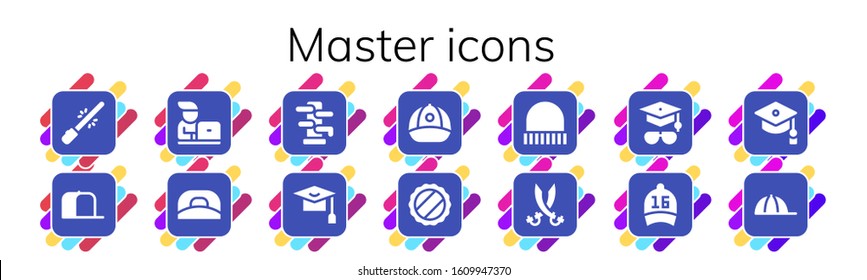 master icon set. 14 filled master icons.  Simple modern icons such as: Saber, Cap, Student, Wing chun, Mortarboard, Sabers