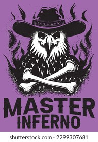Master Inferno old west poster, retro sticker, Inferno, eagle firing, epic, Masquerade, cowboy, west, gang mascot, silhouette 