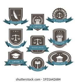 Master lawyer and attorney emblems, legal blazons and badges, vector