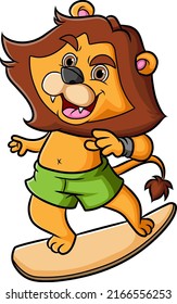 The master lion is playing the surfing in the beach of illustration