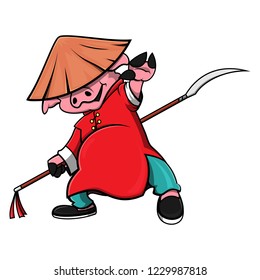 Master Pig perform his kungfu with spear to celebrate chinese New Year Cartoon Vector